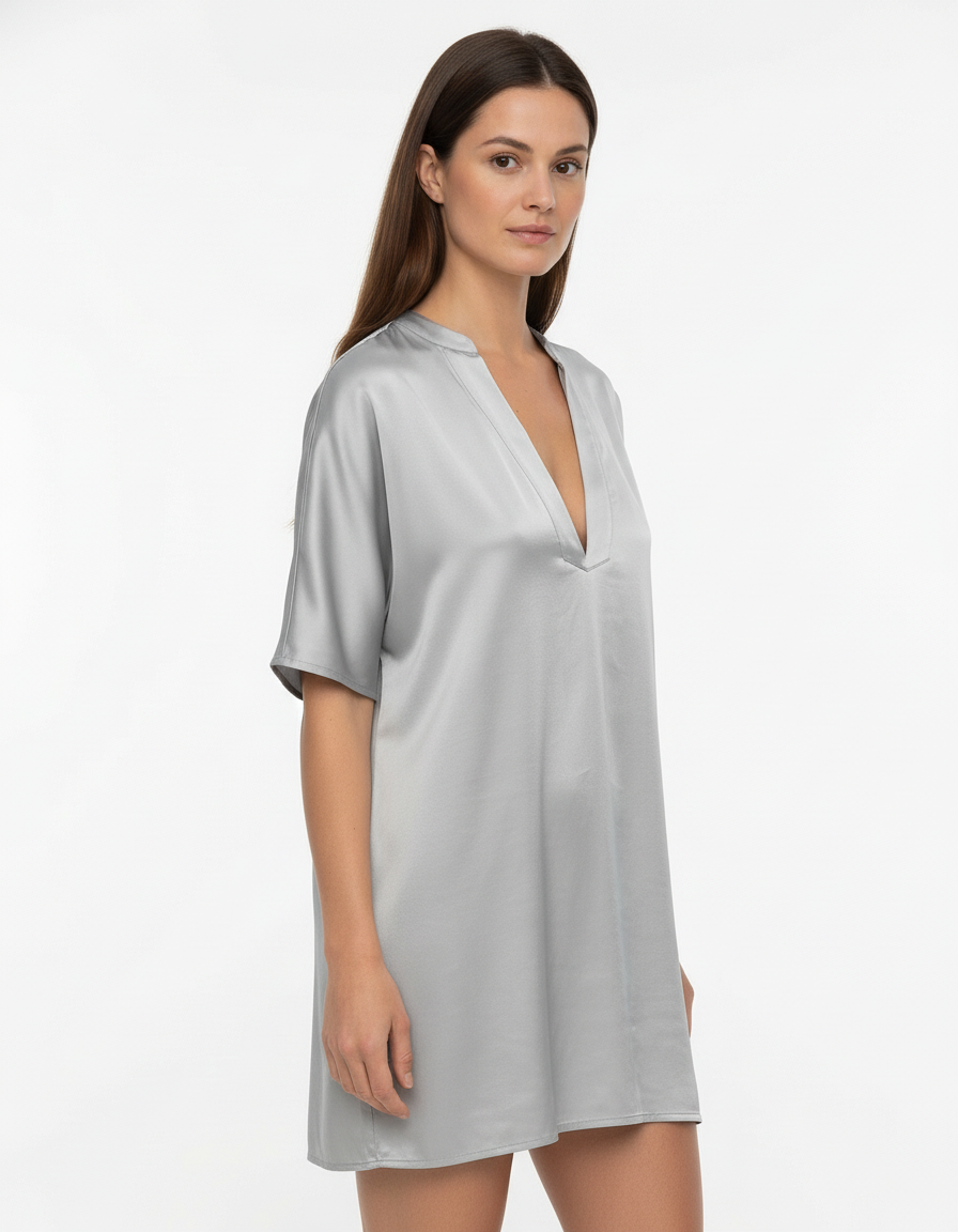 Tunica lunga satin con collo alla coreana e scollo a V