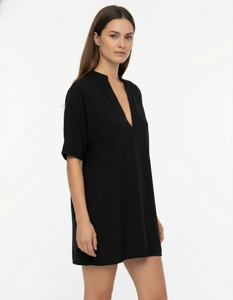 Tunica lunga satin con collo alla coreana e scollo a V