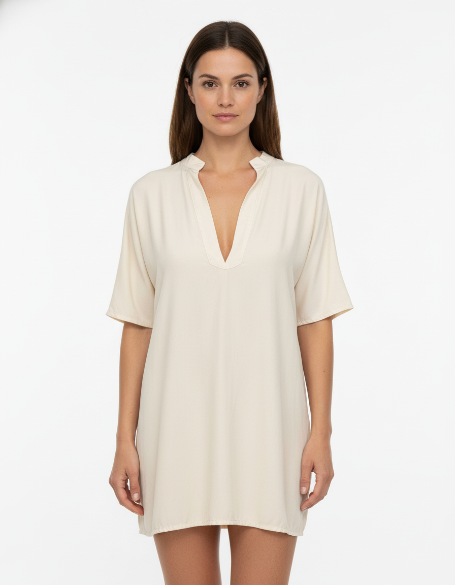 Tunica lunga satin con collo alla coreana e scollo a V