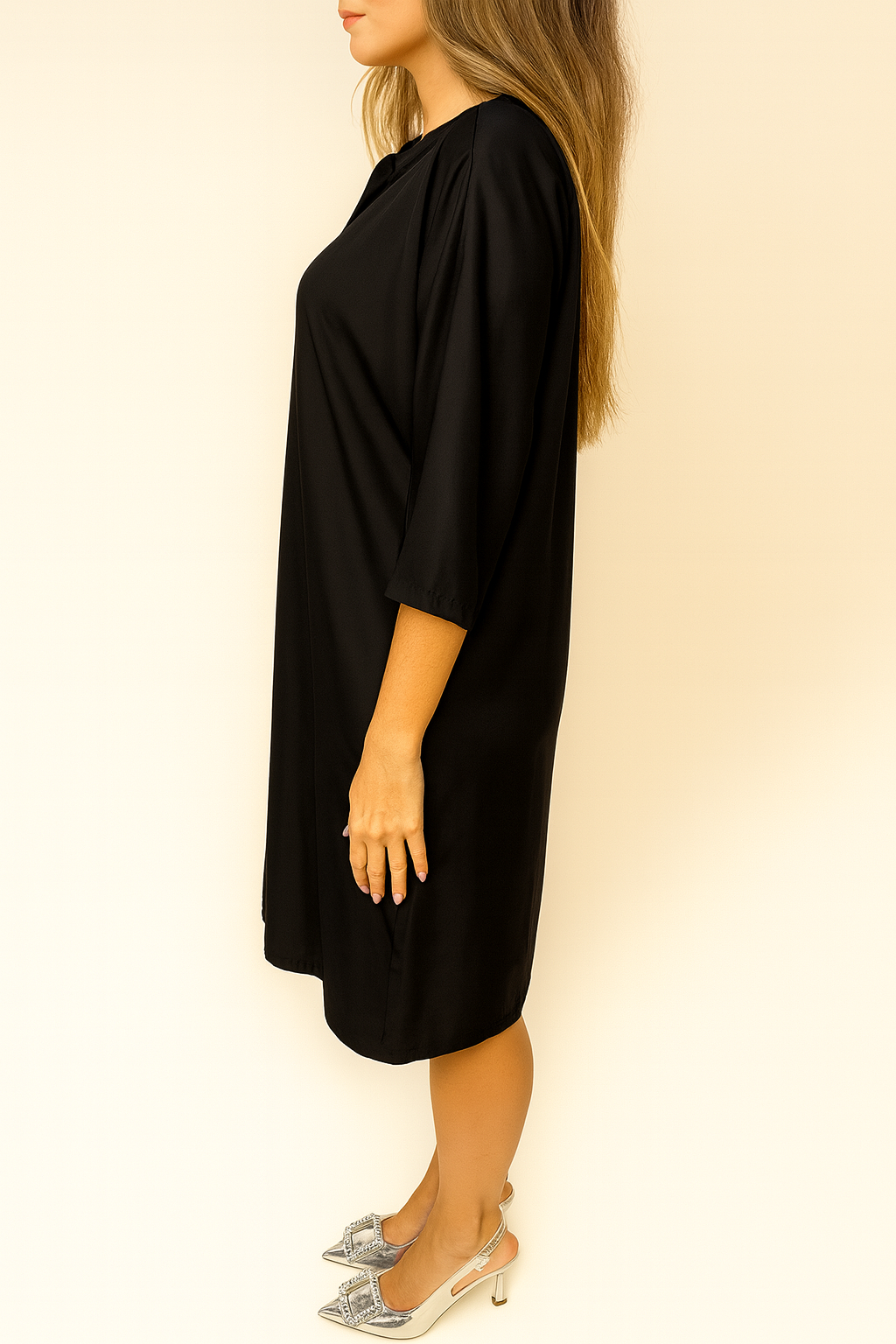 Tunica lunga satin con collo alla coreana e scollo a V