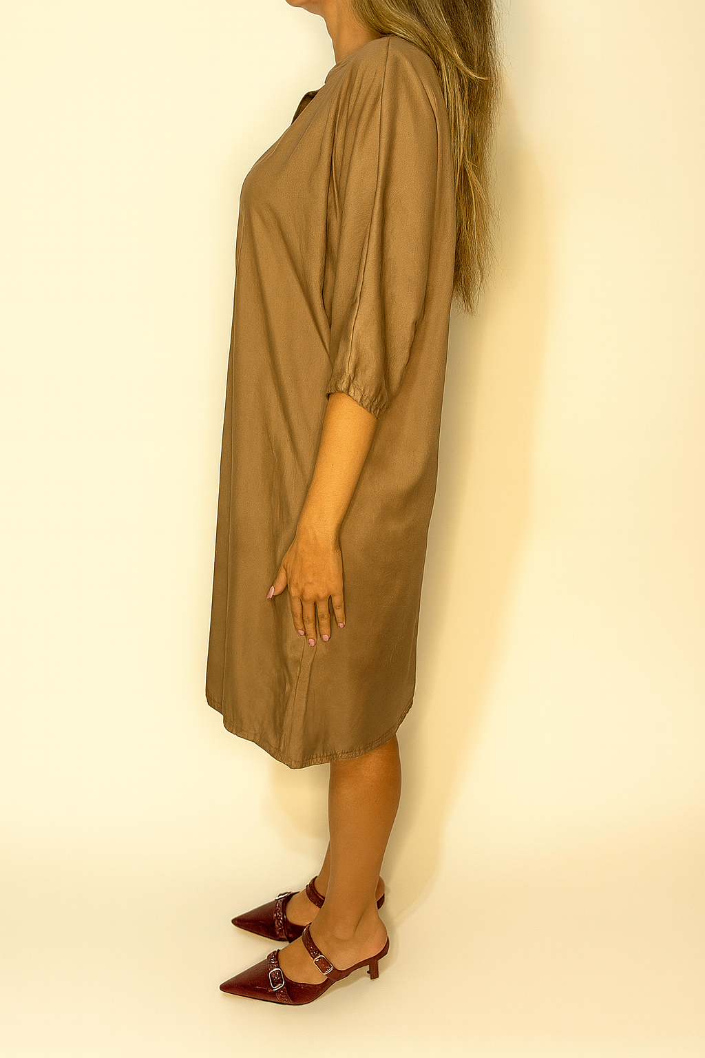 Tunica lunga satin con collo alla coreana e scollo a V