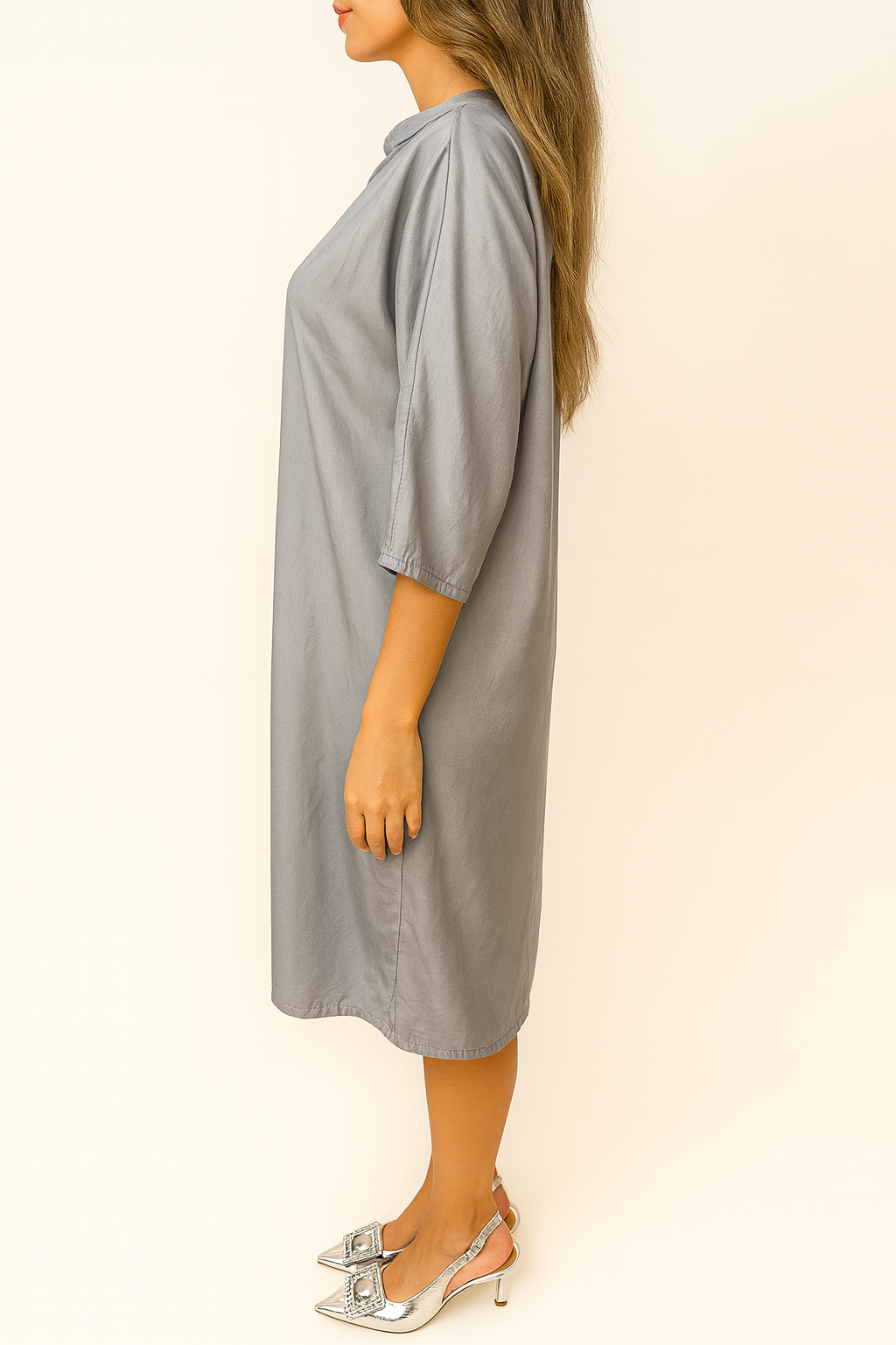 Tunica lunga satin con collo alla coreana e scollo a V