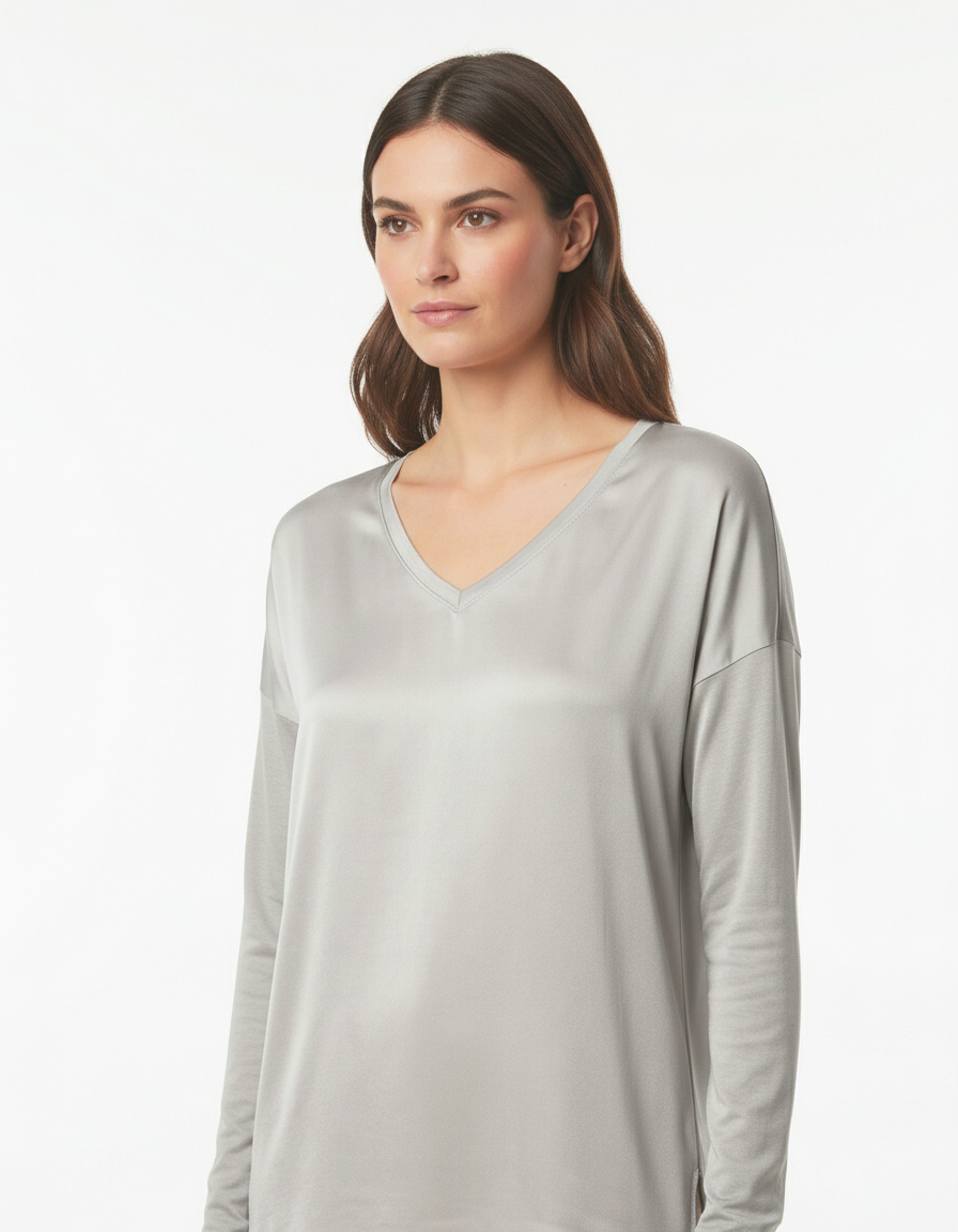 Maglia lunga mix satin-jersey con scollo a V
