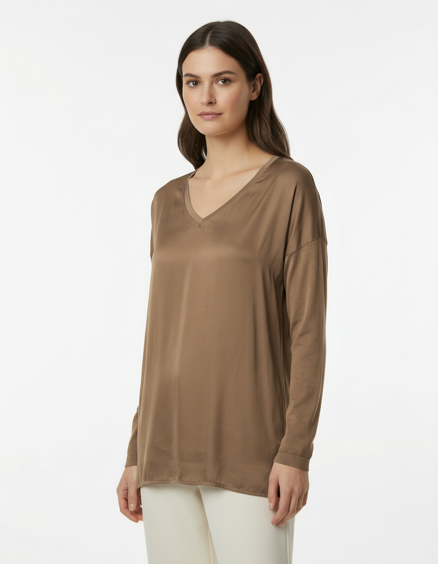 Maglia lunga mix satin-jersey con scollo a V