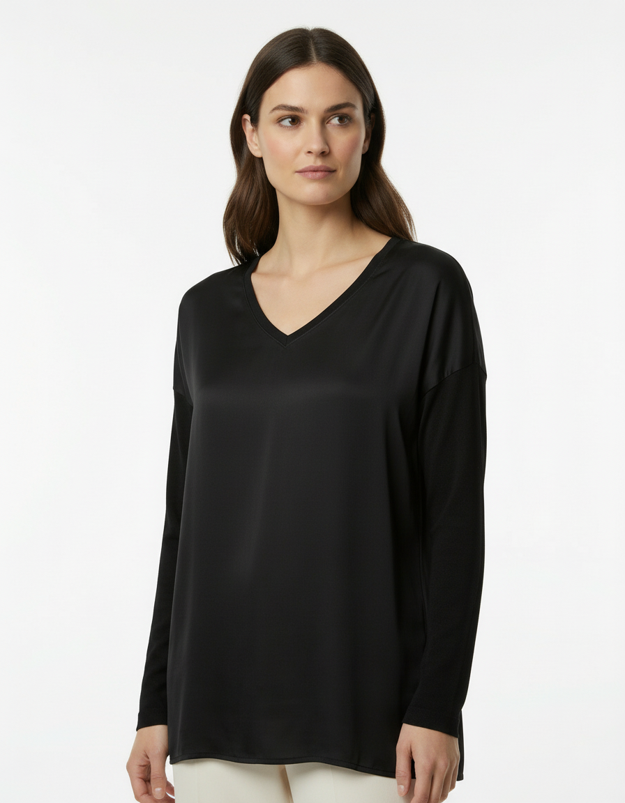 Maglia lunga mix satin-jersey con scollo a V