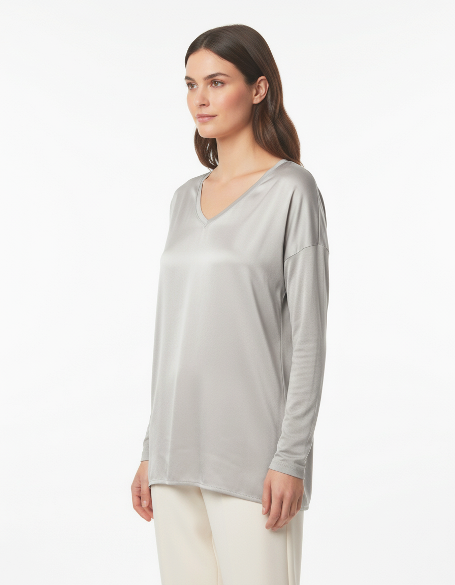 长款缎面针织混纺V领毛衣