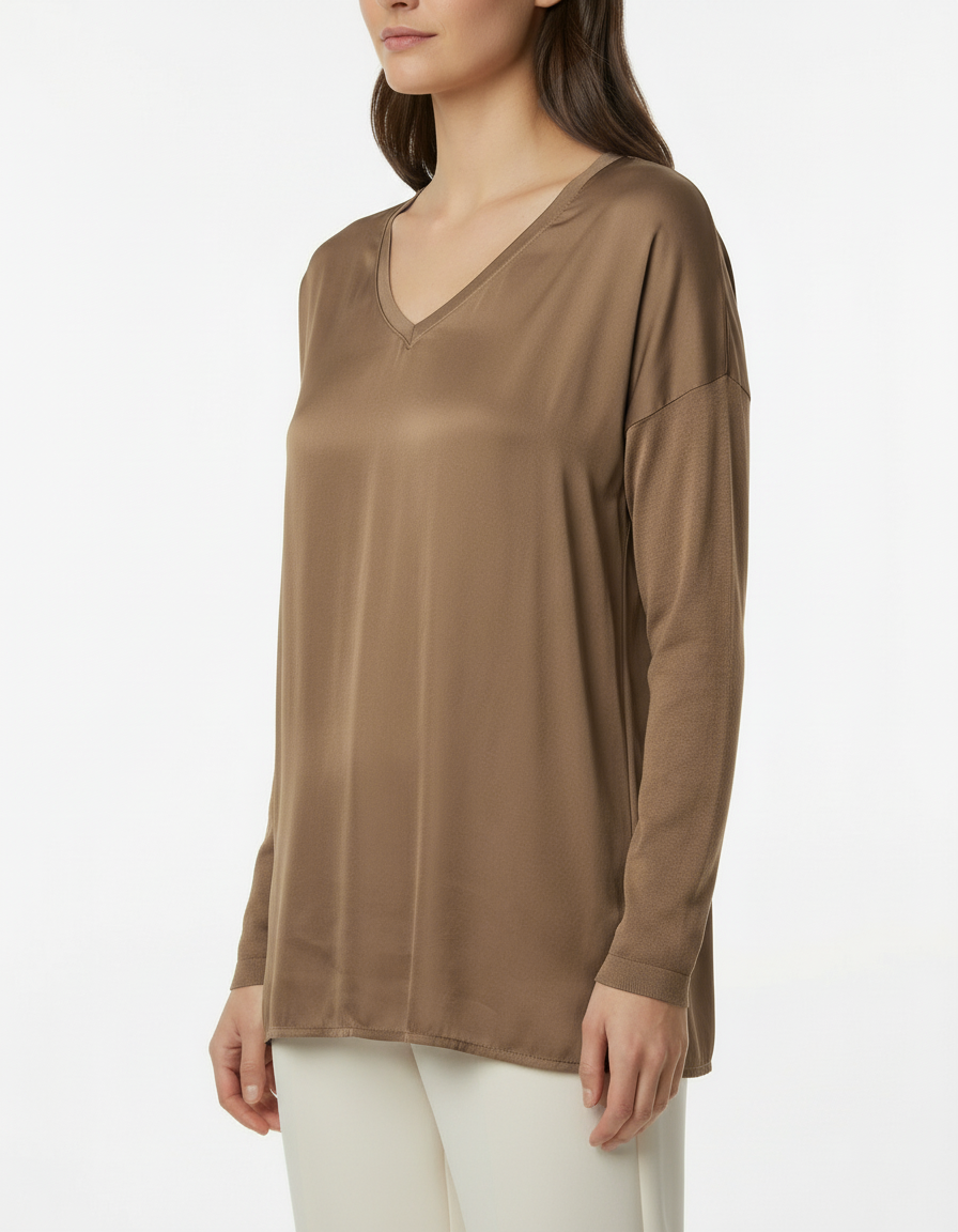 长款缎面针织混纺V领毛衣