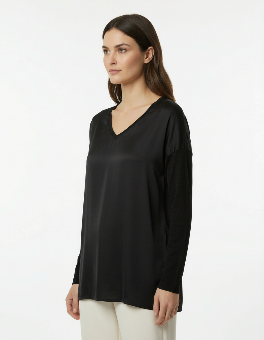 长款缎面针织混纺V领毛衣