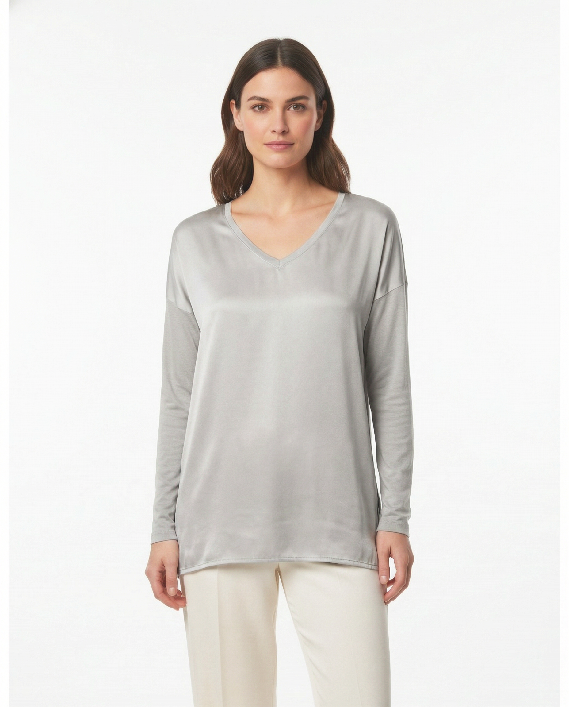 Maglia lunga mix satin-jersey con scollo a V