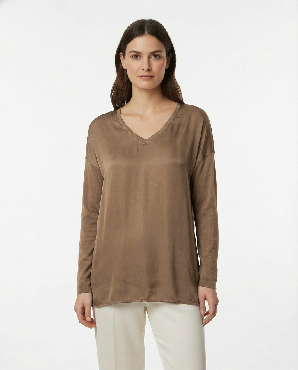 长款缎面针织混纺V领毛衣