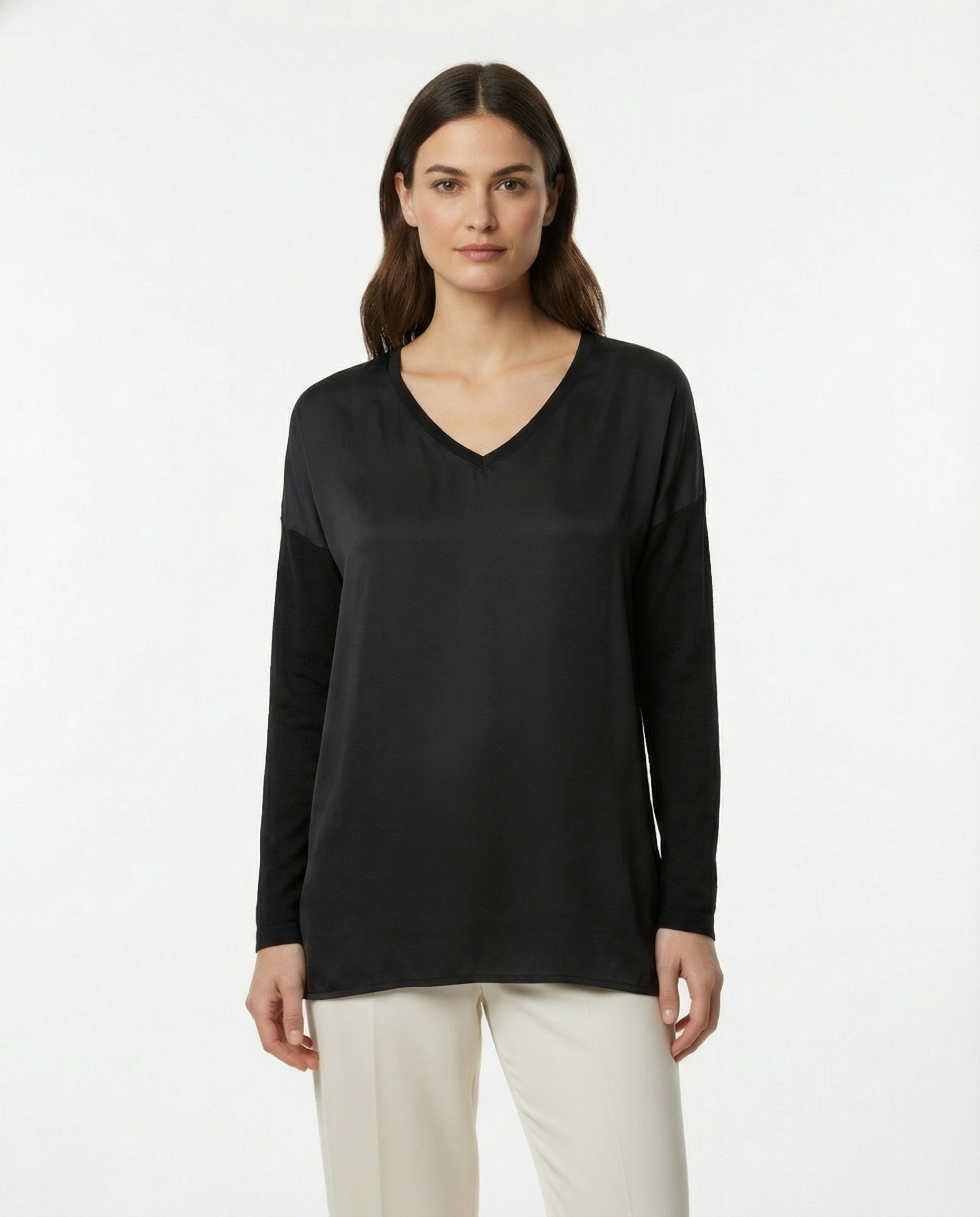Maglia lunga mix satin-jersey con scollo a V