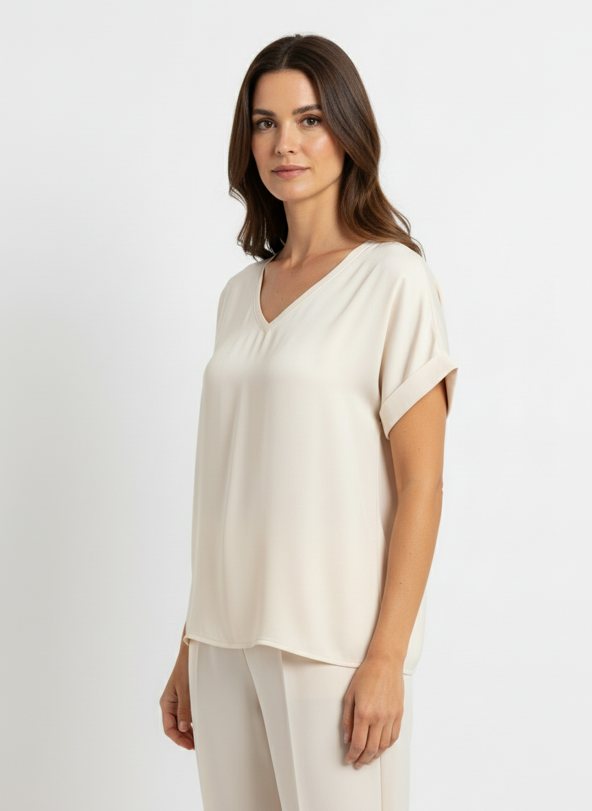 Maglia fluida mix satin-jersey con scollo a V e fondo asimmetrico