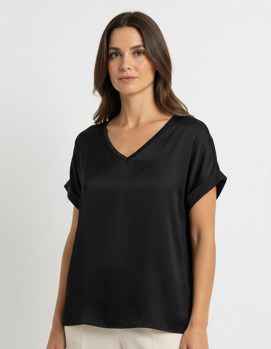 Maglia fluida mix satin-jersey con scollo a V e fondo asimmetrico