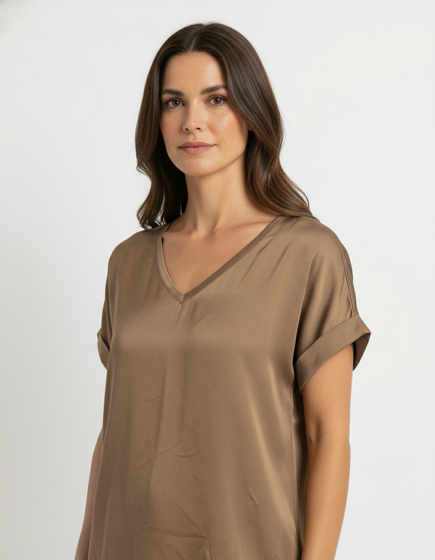 飘逸的缎面针织混纺毛衣，V 领设计，不对称下摆。