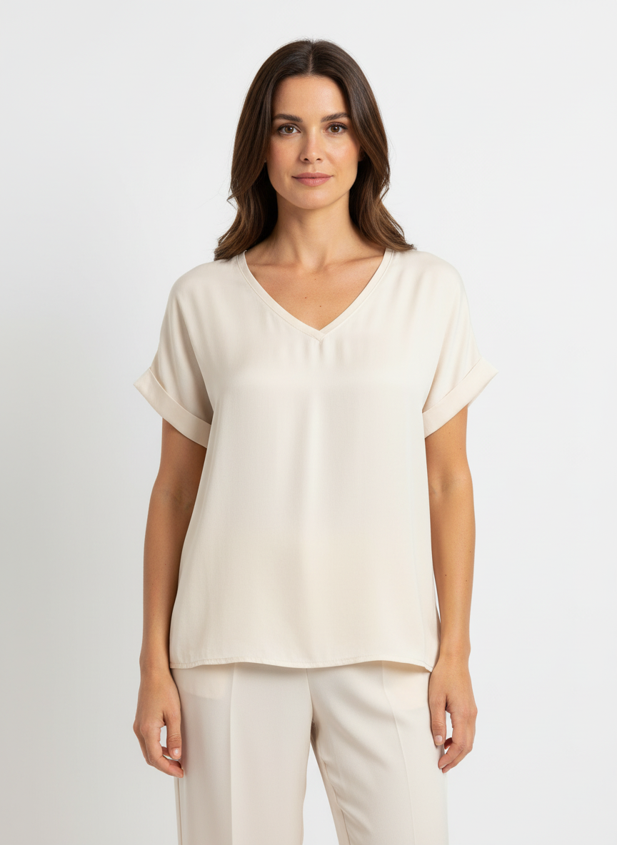 Maglia fluida mix satin-jersey con scollo a V e fondo asimmetrico