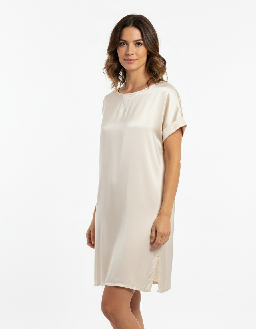 长款缎面束腰外衣，宽领口，袖口带翻边