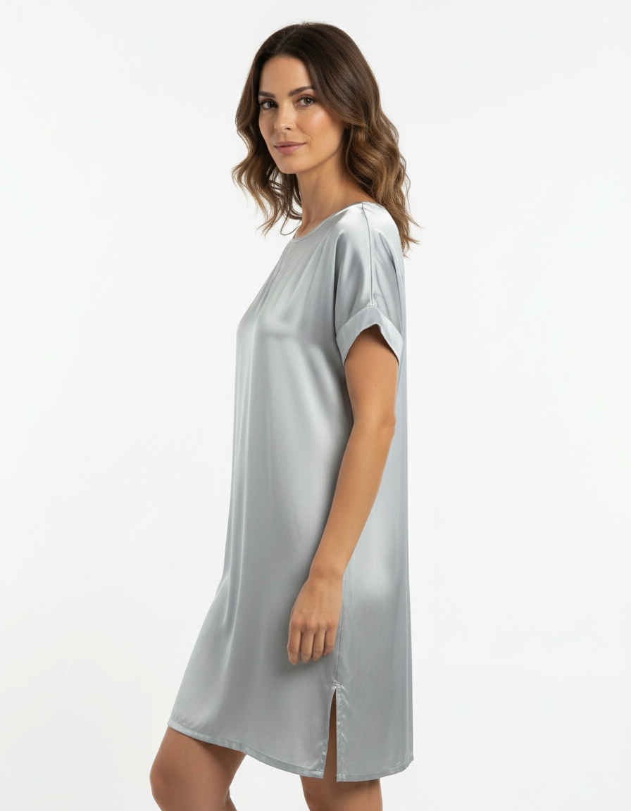 长款缎面束腰外衣，宽领口，袖口带翻边