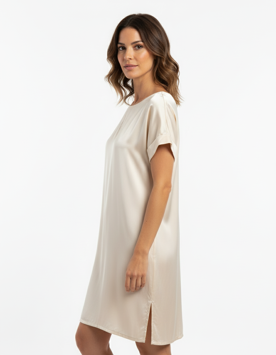 长款缎面束腰外衣，宽领口，袖口带翻边