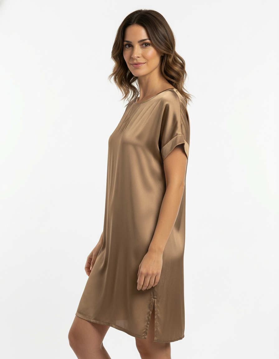 长款缎面束腰外衣，宽领口，袖口带翻边