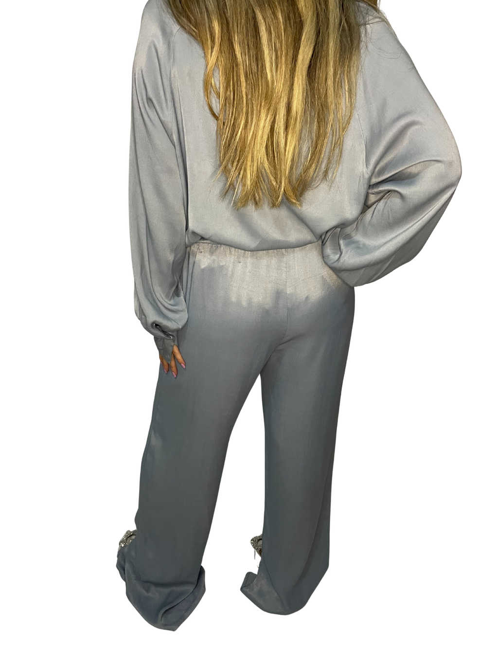 Pantalone palazzo in satin lucente con vita liscia